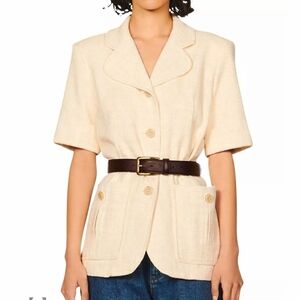 SANDRO Paris Truman Short Sleeve Cotton Tweed Jacket Sz 36 / S Off White Ivory